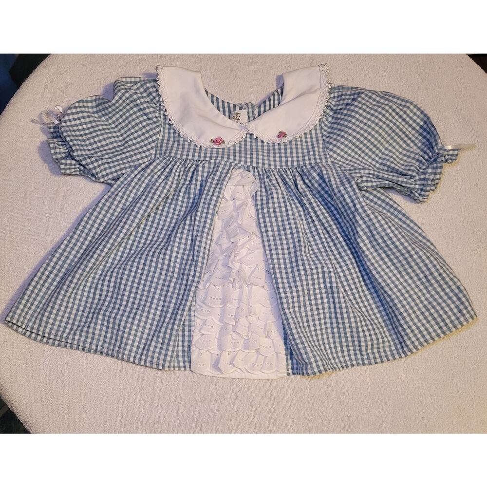 USA Bijan Kids Toddler Blue White Plaid Vintage Dress Round Collar Bow Lace